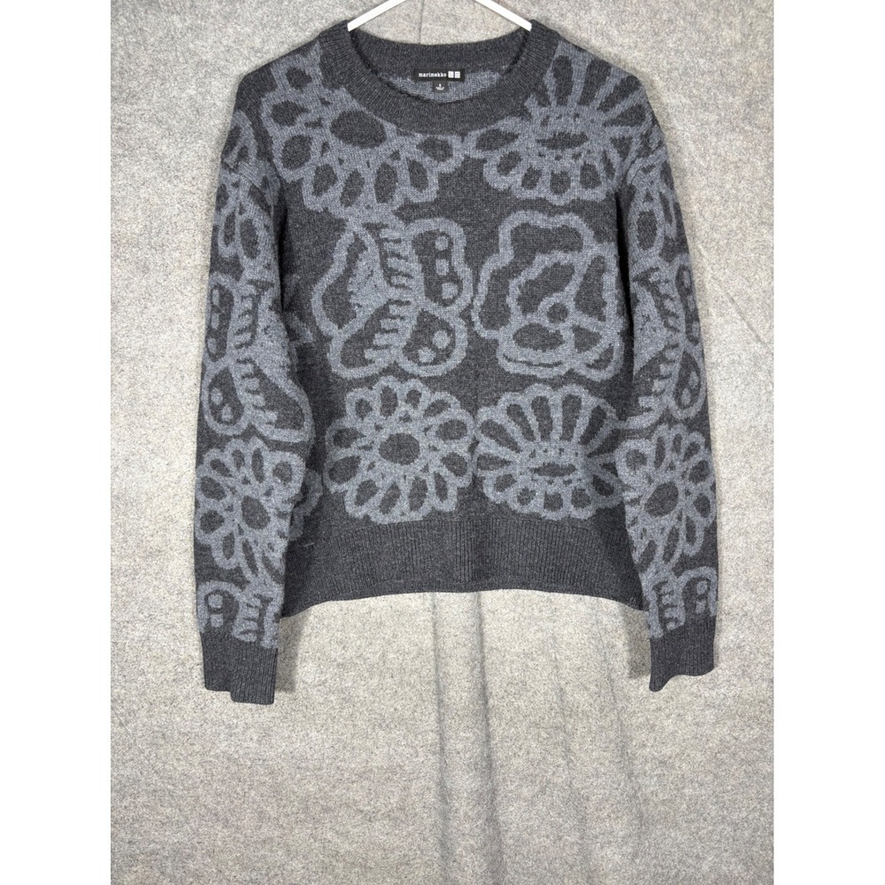 Uniqlo Marimekko Wool Sweater Womens Small Gray Floral Butterfly Knit 472906